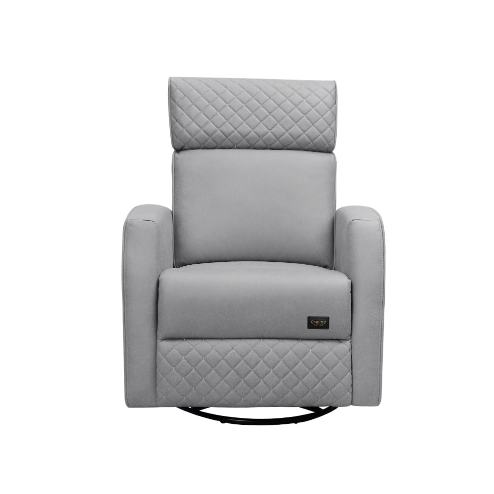Gray Ruby Motion Nursery Chair with padded seat and headrest, featuring a swivel and gliding base for comfort and support.