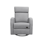 Gray Ruby Motion Nursery Chair with padded seat and headrest, featuring a swivel and gliding base for comfort and support.