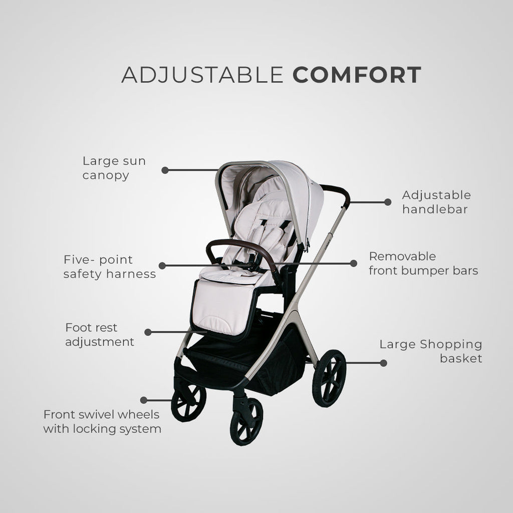 Lunar II Stroller & Carry Cot Travel System in beige with adjustable features and modern design.