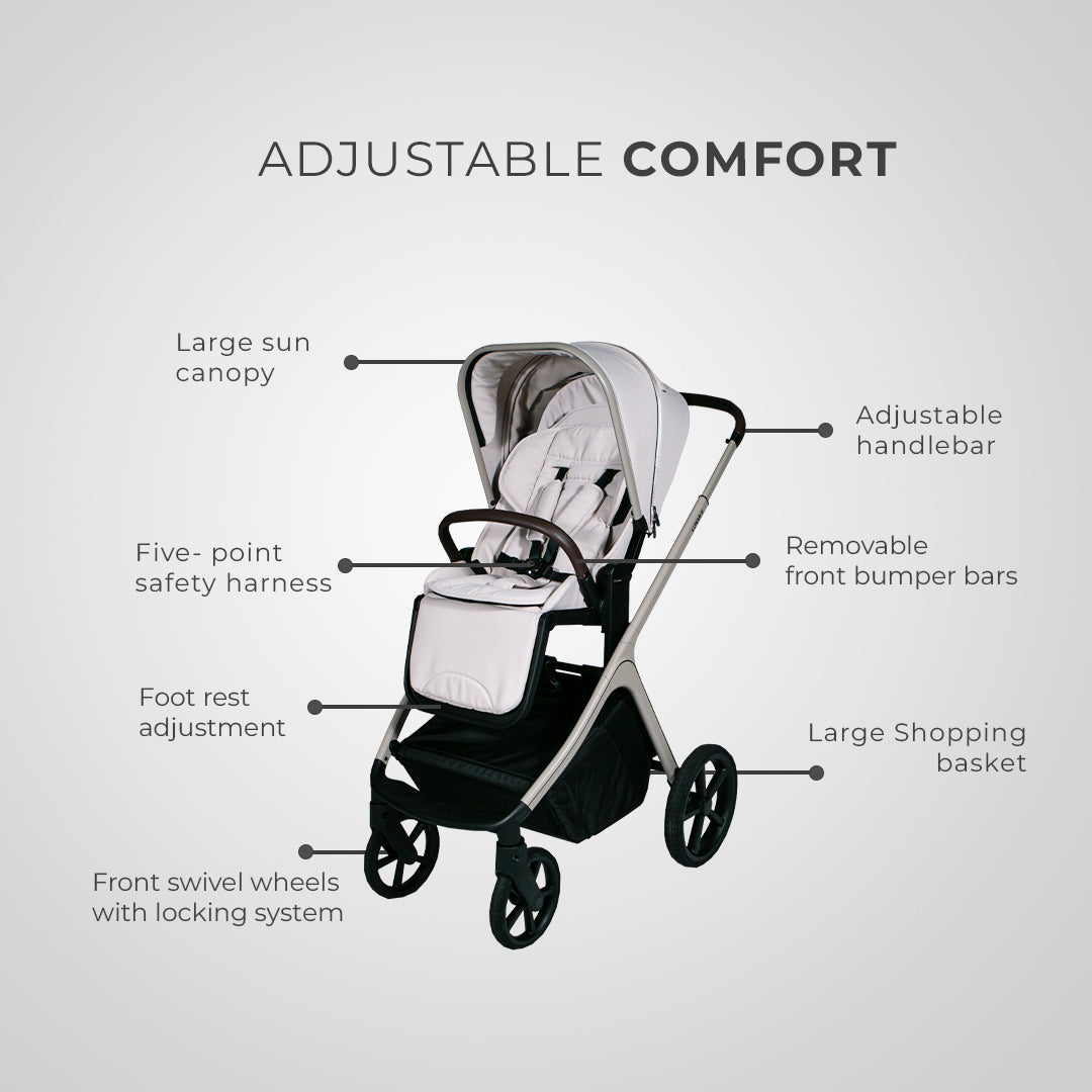 Lunar II Stroller & Carry Cot Travel System in beige with adjustable features and modern design.