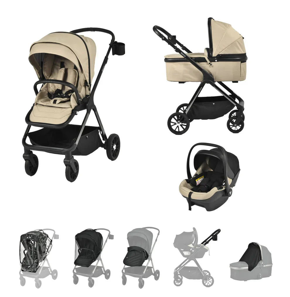 Viano Matrix 3 in 1 Travel System in sand color, showcasing stroller, car seat, and bassinet options for modern families.