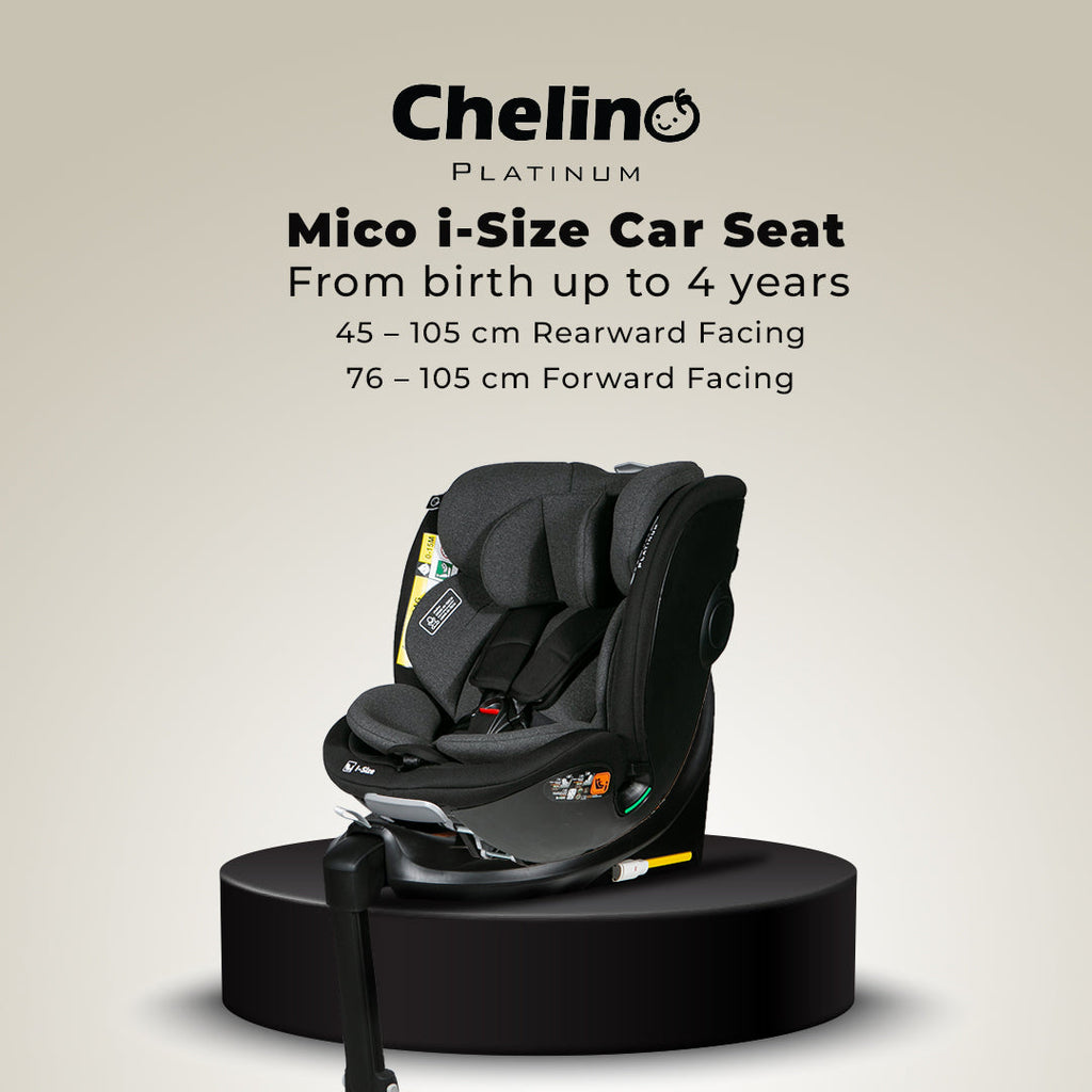 Mico iSize modular car seat for children aged 0-4 years, rearward and forward-facing options, advanced safety features.