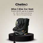 Mico iSize modular car seat for children aged 0-4 years, rearward and forward-facing options, advanced safety features.