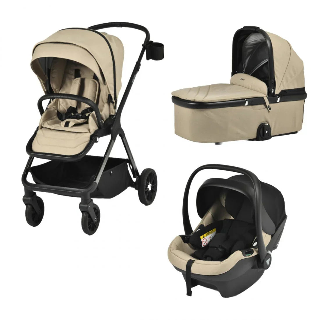 Viano Matrix 3 in 1 Travel System in sand color, showing stroller, bassinet, and car seat.